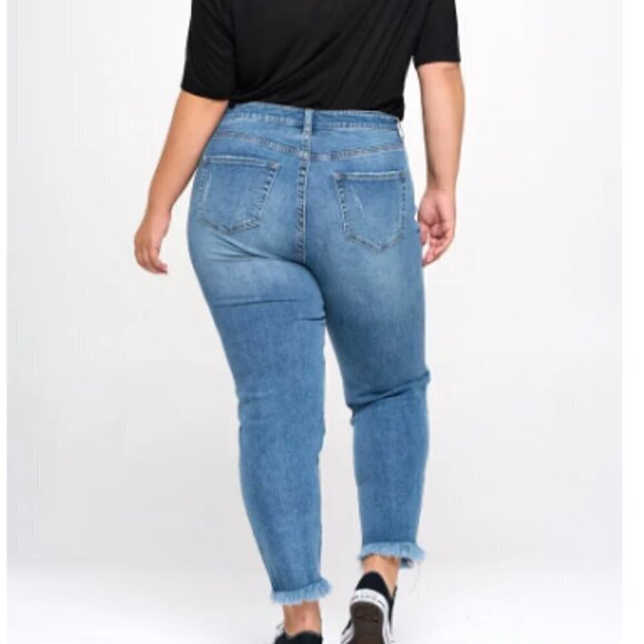 Women’s Medium Wash High Rise Distressed Raw Hem Straight Stretch Denim Jeans - Picture 5 of 7